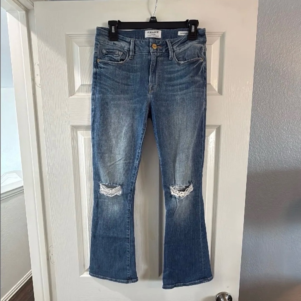 Frame Le Crop Mini Boot Denim Women's Blue Distressed Jeans